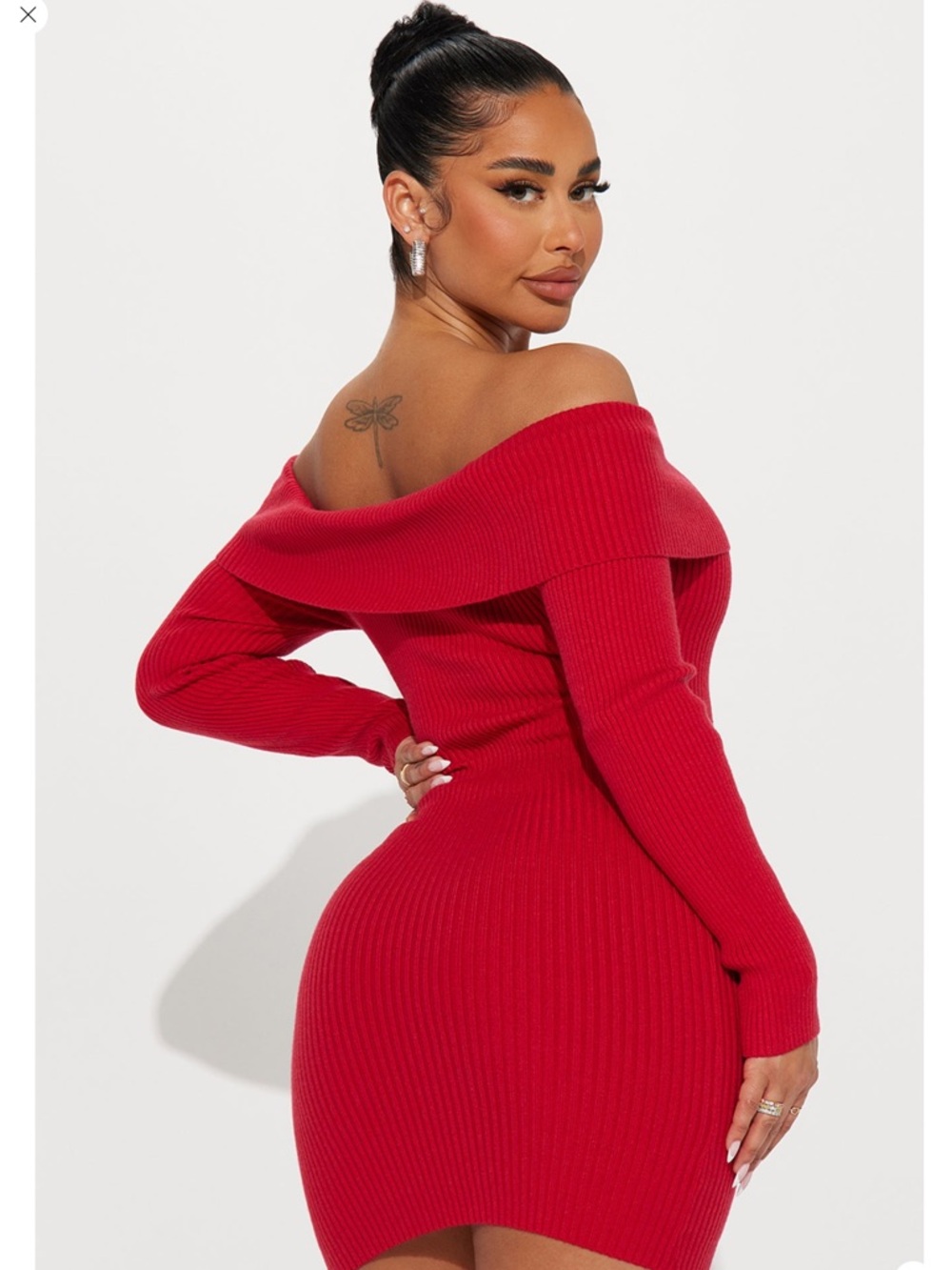 Off-Shoulder Ribbed Red Bodycon Dress - Picture 3 of 3